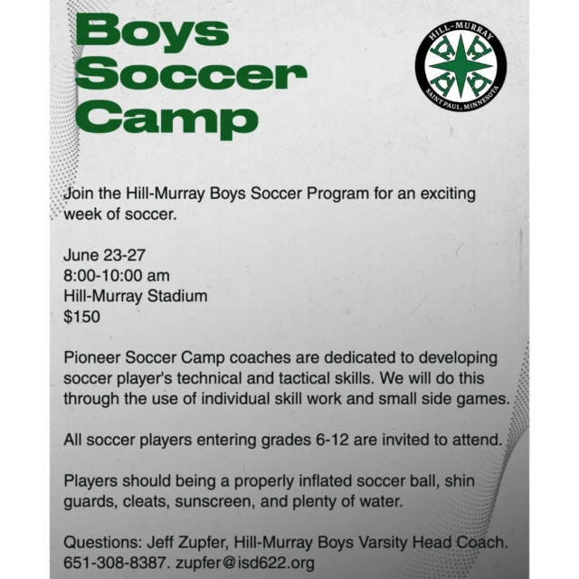 ⚽️ Hill-Murray Boys Soccer Camp is coming up June 23–27 from 8–10AM!  Open to boys entering grades 6–12, it’s a fun way to build skills and stay active this summer.
📲 Register now – link in bio!  #HMPioneers #BoysSoccerCamp